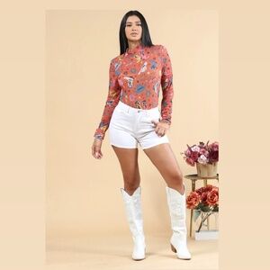 Mesh, Colorful Multi-Boots Mock Neck Bodysuit Large